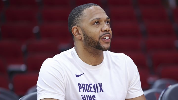 Feb 23, 2024; Houston, Texas, USA; Phoenix Suns guard Eric Gordon (23) during practice before the game against the Houston Rockets at Toyota Center. Mandatory Credit: Troy Taormina-USA TODAY Sports