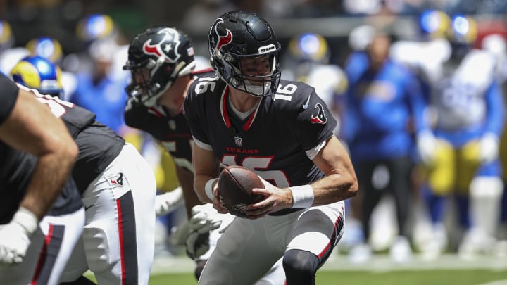 Aug 24, 2024; Houston, Texas, USA; Houston Texans quarterback Tim Boyle (16) in action during the game against the Los Angeles Rams at NRG Stadium.