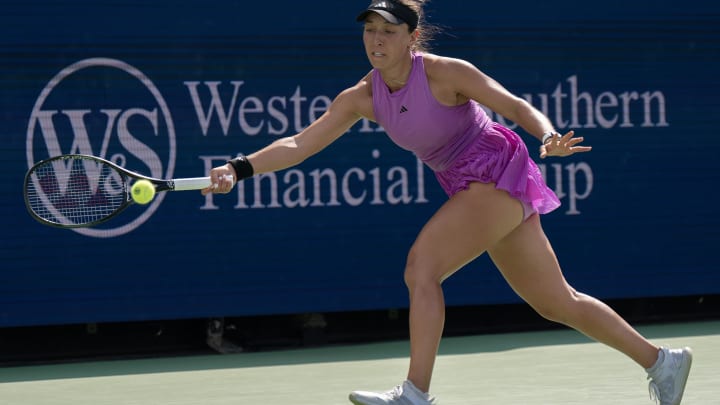 Aug 19 2024; Cincinnati, OH, USA; Jessica Pegula of the United States returns a shot during the womenís singles final against Aryna Sabalenka of the United States on day seven of the Cincinnati Open. 