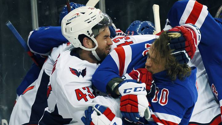 May 3, 2021; New York, New York, USA;   Tom Wilson #43 of the Washington Capitals takes a roughing penalty during the second period against Artemi Panarin #10 of the New York Rangers at Madison Square Garden. Mandatory Credit:  Bruce Bennett/POOL PHOTOS-USA TODAY Sports