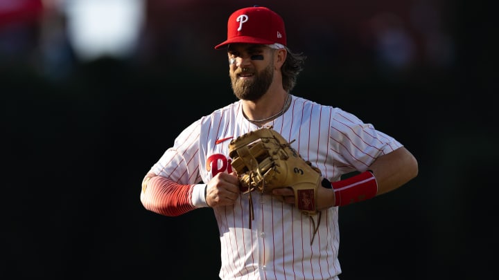 Jul 9, 2024; Philadelphia, Pennsylvania, USA; Philadelphia Phillies first baseman Bryce Harper (3) plays first base during the first inning against the Los Angeles Dodgers at Citizens Bank Park.