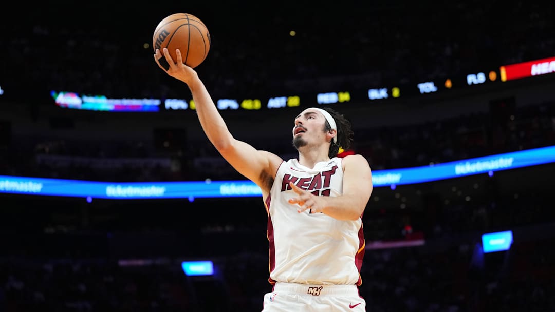 Apr 12, 2026; Miami, Florida, USA;  Miami Heat forward Jaime Jaquez Jr. (11) shoots against the Atlanta Hawks during the second half at Kaseya Center. Mandatory Credit: Jim Rassol-Imagn Images