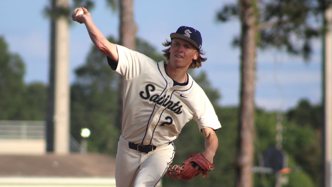 Sandalwood's Andrew Detlefsen delivers a pitch in the Gateway Conference high school baseball final on April 2, 2026.