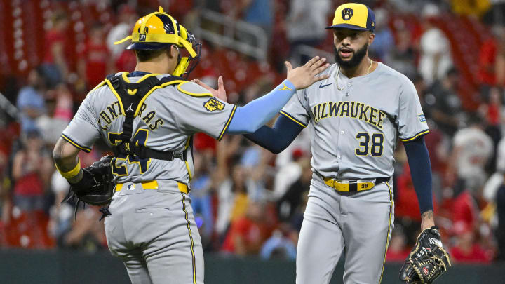 Aug 20, 2024; St. Louis, Missouri, USA;  Milwaukee Brewers relief pitcher Devin Williams (38) celebrates with catcher William Contreras (24) after the Brewers defeated the St. Louis Cardinals at Busch Stadium. Mandatory Credit: Jeff Curry-USA TODAY Sports