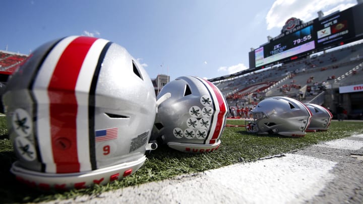 Sep 18, 2021; Columbus, Ohio, USA; Ohio State Buckeyes helmets before the game against the Tulsa Golden Hurricane at Ohio Stadium. Mandatory Credit: Joseph Maiorana-USA TODAY Sports