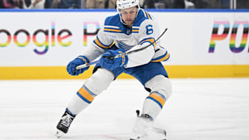 Nov 18, 2025; Toronto, Ontario, CAN;  St. Louis Blues defenseman Philip Broberg (6) skates against the Toronto Maple Leafs in the third period at Scotiabank Arena. Mandatory Credit: Dan Hamilton-Imagn Images