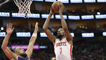 Dec 5, 2025; Houston, Texas, USA; Houston Rockets forward Kevin Durant (7) drives to the basket as Phoenix Suns forward Dillon Brooks (3) defends during the second quarter at Toyota Center. Mandatory Credit: Troy Taormina-Imagn Images