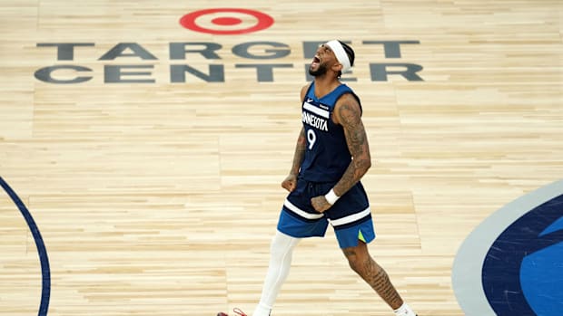 Minnesota Timberwolves goalkeeper, Nickeil Alexander-Walker (9), reacts against Oklahoma City Thunder in the second half for 