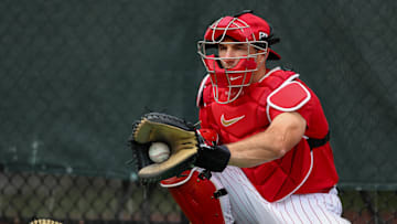 Feb 16, 2025; Clearwater, FL, USA; Philadelphia Phillies catcher J.T. Realmuto (10) participates in spring training workouts at BayCare Ballpark.