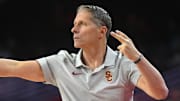 Dec 18, 2024; Los Angeles, California, USA; Southern California Trojans head coach Eric Musselman reacts in the second half against the Cal State Northridge Matadors at Galen Center. Mandatory Credit: Kirby Lee-Imagn Images