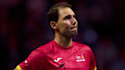 Rafael Nadal watches a retirement video emotionally at the Davis Cup.