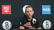 Sep 26, 2022; Brooklyn, NY, USA; Brooklyn Nets general manager Sean Marks talks to the media during media day at HSS Training Center. Mandatory Credit: Vincent Carchietta-Imagn Images