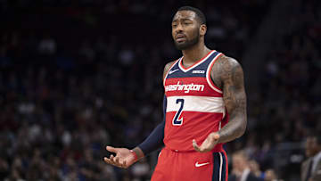 Dec 26, 2018; Detroit, MI, USA; Washington Wizards guard John Wall (2) reacts when talking to a referee during the fourth quarter against the Detroit Pistons at Little Caesars Arena. Mandatory Credit: Raj Mehta-Imagn Images