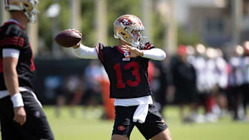 Jun 11, 2025; Santa Clara, CA, USA; San Francisco 49ers quarterback Brock Purdy (13) throws a pass during a team OTA at Levi's Stadium. Mandatory Credit: D. Ross Cameron-Imagn Images