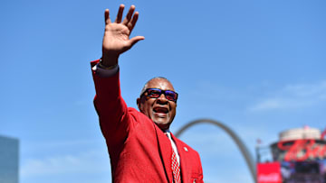 Apr 11, 2016; St. Louis, MO, USA; St. Louis Cardinals former player Ozzie Smith waives to fans before a game between the St. Louis Cardinals and the Milwaukee Brewers at Busch Stadium. Mandatory Credit: Jasen Vinlove-Imagn Images