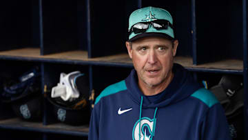 Mar 3, 2025; Peoria, Arizona, USA; Seattle Mariners manager Dan Wilson in the dugout against the Cleveland Guardians during a spring training game at Peoria Sports Complex. Mandatory Credit: Mark J. Rebilas-Imagn Images