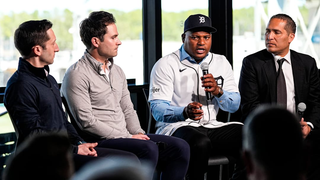 Detroit Tigers pitcher Framber Valdez, center right, speaks next to president of baseball operations Scott Harris, center left, and general manager Jeff Greenberg, left, during Valdez’s introductory press conference at the 34 Club of Joker Marchant Stadium in Lakeland, Fla. on Wednesday, Feb. 11, 2026. Detroit Tigers pitcher Framber Valdez, center right, speaks next to president of baseball operations Scott Harris, center left, and general manager Jeff Greenberg, left, during Valdez’s introductory press conference at the 34 Club of Joker Marchant Stadium in Lakeland, Fla. on Wednesday, Feb. 11, 2026.