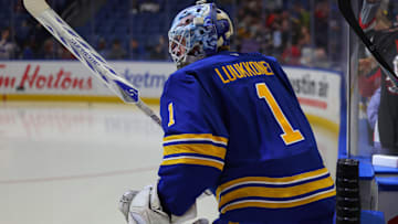 Apr 6, 2025; Buffalo, New York, USA;  Buffalo Sabres goaltender Ukko-Pekka Luukkonen (1) takes to the ice for warmups before a game against the Boston Bruins at KeyBank Center. Mandatory Credit: Timothy T. Ludwig-Imagn Images
