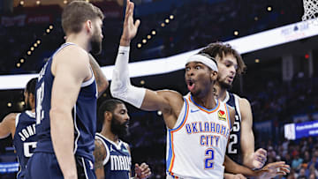 Mar 14, 2024; Oklahoma City, Oklahoma, USA; Oklahoma City Thunder guard Shai Gilgeous-Alexander (2) reacts to an officials call on a play against the Dallas Mavericks during the second half at Paycom Center. Mandatory Credit: Alonzo Adams-Imagn Images