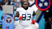 Tennessee Titans defensive tackle T'Vondre Sweat heads to the field before a game against the New York Jets at Nissan Stadium in Nashville, Tenn., Sunday, Sept. 15, 2024.