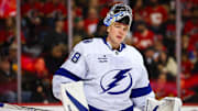 Dec 12, 2024; Calgary, Alberta, CAN; Tampa Bay Lightning goaltender Andrei Vasilevskiy (88) during the second period against the Calgary Flames at Scotiabank Saddledome. Mandatory Credit: Sergei Belski-Imagn Images
