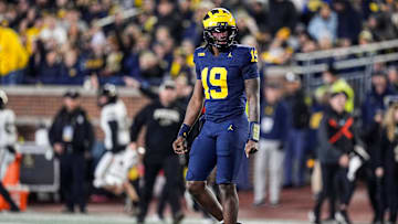 Michigan quarterback Bryce Underwood (19) reacts after throwing an interception against Purdue during the first half at Michigan Stadium in Ann Arbor on Saturday, November 1, 2025.