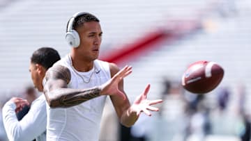 Oct 19, 2024; Tucson, Arizona, USA; Arizona Wildcats wide receiver Tetairoa McMillan (4) warms up before game against Colorado Buffaloes at Arizona Stadium. Mandatory Credit: Aryanna Frank-Imagn Images