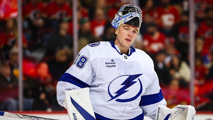 Dec 12, 2024; Calgary, Alberta, CAN; Tampa Bay Lightning goaltender Andrei Vasilevskiy (88) during the second period against the Calgary Flames at Scotiabank Saddledome. Mandatory Credit: Sergei Belski-Imagn Images