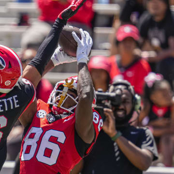 Apr 13, 2024; Athens, GA, USA; Georgia Bulldogs wide receiver Dillon Bell (86) makes a catch behind defensive back Daylen Everette (6) during the G-Day Game at Sanford Stadium. Mandatory Credit: Dale Zanine-USA TODAY Sports