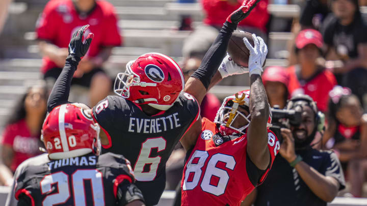 Apr 13, 2024; Athens, GA, USA; Georgia Bulldogs wide receiver Dillon Bell (86) makes a catch behind defensive back Daylen Everette (6) during the G-Day Game at Sanford Stadium. Mandatory Credit: Dale Zanine-USA TODAY Sports