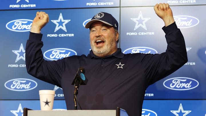 Dallas Cowboys head coach Mike McCarthy addresses the media before practice at the Ford Center at the Star Training Facility in Frisco, Texas.