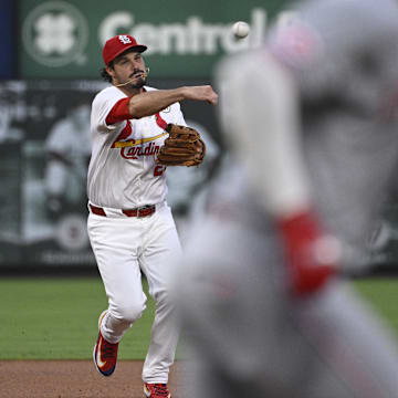 Sep 15, 2025; St. Louis, Missouri, USA; St. Louis Cardinals third baseman Nolan Arenado (28) throws out Cincinnati Reds designated hitter Miguel Andujar (38) in the first inning at Busch Stadium. Mandatory Credit: Joe Puetz-Imagn Images