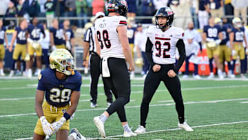 Sep 7, 2024; South Bend, Indiana, USA; Northern Illinois Huskies kicker Kanon Woodill (92) reacts after kicking the game winning field goal in the fourth quarter against the Notre Dame Fighting Irish at Notre Dame Stadium. The Huskies won 16-14. Mandatory Credit: Matt Cashore-Imagn Images