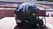 A detail view of a Texas A&M Aggies helmet on the sideline prior to the game against the Mississippi State Bulldogs at Kyle Field. 