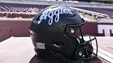 A detail view of a Texas A&M Aggies helmet on the sideline prior to the game against the Mississippi State Bulldogs at Kyle Field. 