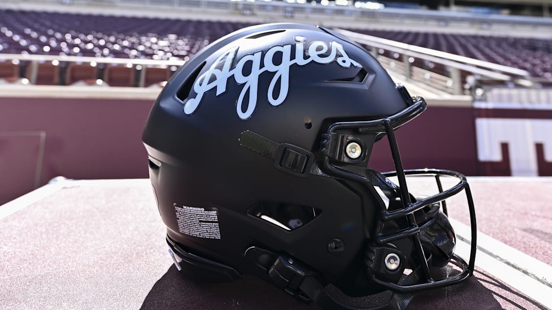 A detailed view of a Texas A&M Aggies helmet on the sideline before the game against the Mississippi State Bulldogs at Kyle Field.
