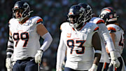 Oct 5, 2025; Philadelphia, Pennsylvania, USA; Denver Broncos defensive end Zach Allen (99) and defensive tackle D.J. Jones (93) against the Philadelphia Eagles at Lincoln Financial Field. 