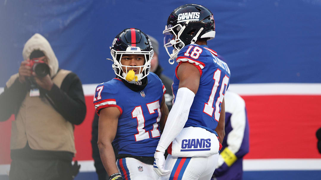Dec 14, 2025; East Rutherford, New Jersey, USA; New York Giants wide receiver Wan'Dale Robinson (17) celebrates scoring a touchdown with wide receiver Darius Slayton (18) during the fourth quarter against the Washington Commanders at MetLife Stadium. Mandatory Credit: Vincent Carchietta-Imagn Images Dec 14, 2025; East Rutherford, New Jersey, USA; New York Giants wide receiver Wan'Dale Robinson (17) celebrates scoring a touchdown with wide receiver Darius Slayton (18) during the fourth quarter against the Washington Commanders at MetLife Stadium. Mandatory Credit: Vincent Carchietta-Imagn Images