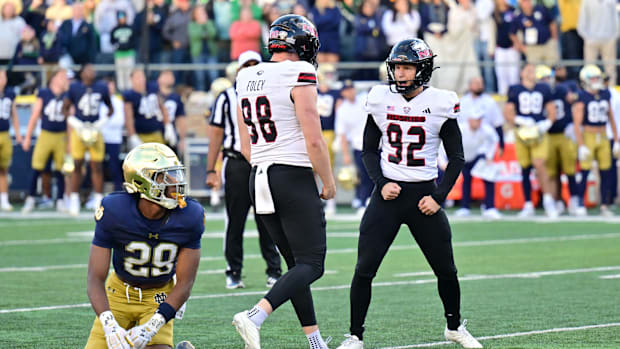 Northern Illinois' Kanon Woodill after making the game winning field goal at Notre Dame