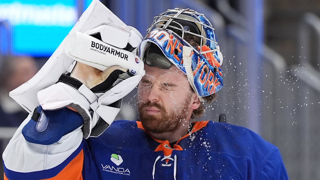 Apr 11, 2026; Elmont, New York, USA; New York Islanders goaltender Ilya Sorokin (30) during a break in the first period at UBS Arena. Mandatory Credit: Alexander Wohl-Imagn Images