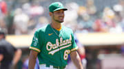 Aug 9, 2023; Oakland, California, USA; Oakland Athletics pitcher Freddy Tarnok (62) walks to the dugout against the Texas Rangers in the third inning at Oakland-Alameda County Coliseum. Mandatory Credit: Cary Edmondson-Imagn Images
