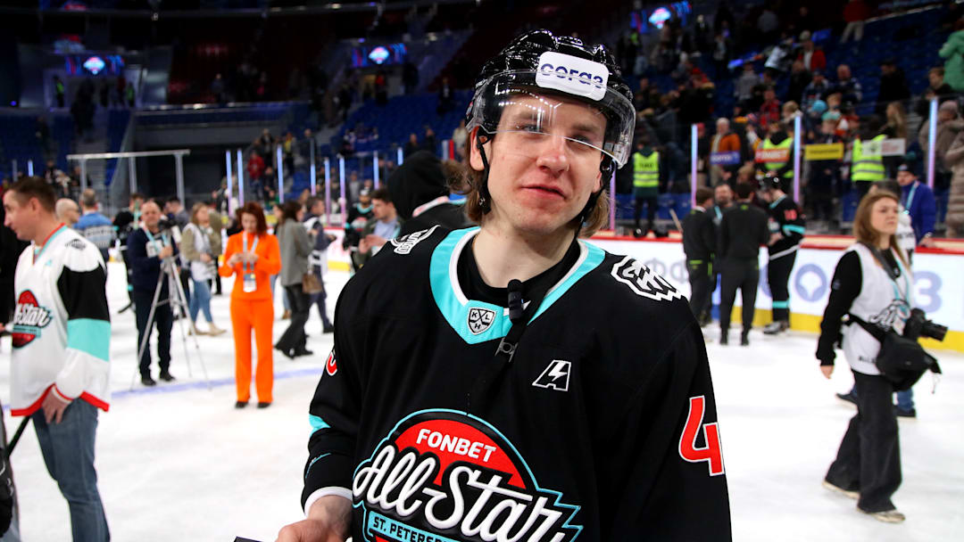 Maxim Shabanov (49), a player of the Div. Kharlamova hockey team at the Award Ceremony following the results of the 2023 KHL All-Star game at the SKA Arena in St. Petersburg, Russia. (Final score; Div. Bobrova 7:8 Div. Kharlamova).