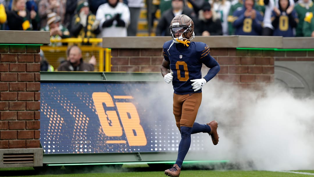 Green Bay Packers wide receiver Matthew Golden (0) runs onto the field before the game against the Carolina Panthers on Nov. 2, 2025, at Lambeau Field in Green Bay, Wis.