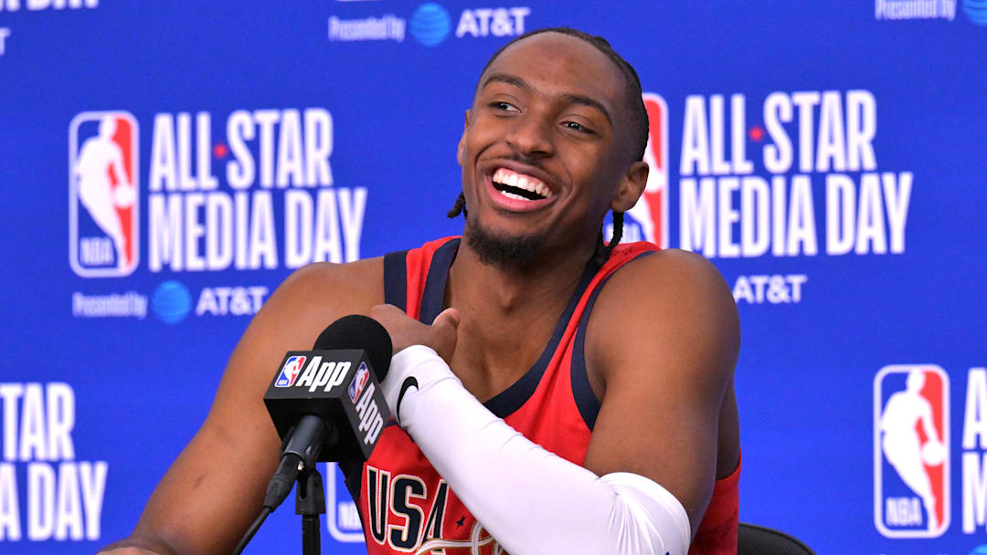 Feb 14, 2026; Los Angeles, CA, USA; Team USA Stars guard Tyrese Maxey (0) of the Philadelphia 76ers during a news conference for the NBA All Star game at Intuit Dome. Mandatory Credit: Jayne Kamin-Oncea-Imagn Images