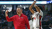 Mar 1, 2025; Oxford, Mississippi, USA; Mississippi Rebels head coach Chris Beard calls for a review during the second half against the Oklahoma Sooners at The Sandy and John Black Pavilion at Ole Miss. Mandatory Credit: Petre Thomas-Imagn Images