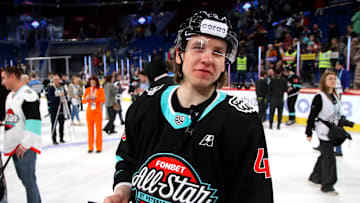 Maxim Shabanov (49), a player of the Div. Kharlamova hockey team at the Award Ceremony following the results of the 2023 KHL All-Star game at the SKA Arena in St. Petersburg, Russia. (Final score; Div. Bobrova 7:8 Div. Kharlamova).