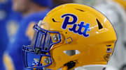 Oct 14, 2023; Pittsburgh, Pennsylvania, USA;  A Pittsburgh Panthers helmet on the sidelines against the Louisville Cardinals during the fourth quarter at Acrisure Stadium. Mandatory Credit: Charles LeClaire-Imagn Images