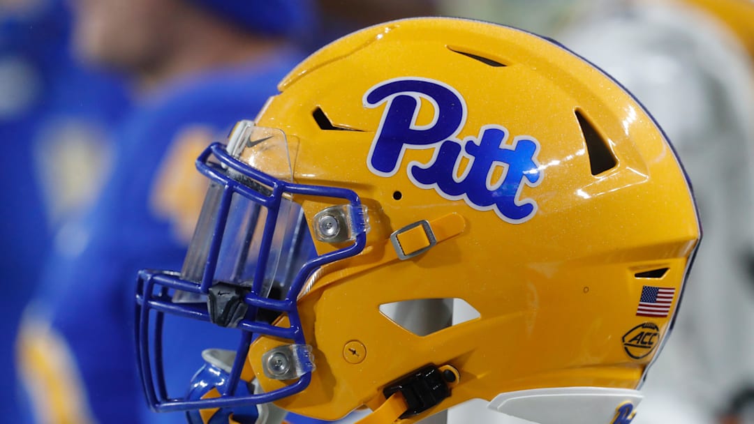 Oct 14, 2023; Pittsburgh, Pennsylvania, USA;  A Pittsburgh Panthers helmet on the sidelines against the Louisville Cardinals during the fourth quarter at Acrisure Stadium. Mandatory Credit: Charles LeClaire-Imagn Images