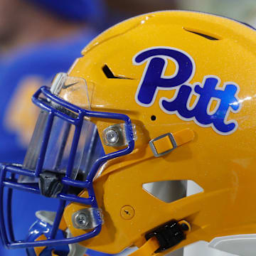 Oct 14, 2023; Pittsburgh, Pennsylvania, USA;  A Pittsburgh Panthers helmet on the sidelines against the Louisville Cardinals during the fourth quarter at Acrisure Stadium. Mandatory Credit: Charles LeClaire-Imagn Images