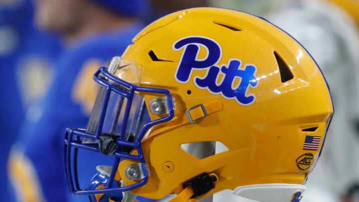 Oct 14, 2023; Pittsburgh, Pennsylvania, USA;  A Pittsburgh Panthers helmet on the sidelines against the Louisville Cardinals during the fourth quarter at Acrisure Stadium. Mandatory Credit: Charles LeClaire-USA TODAY Sports